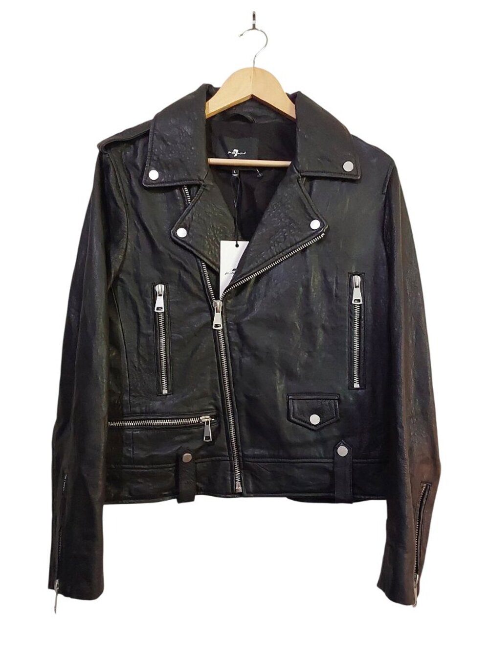 NWT 7 For All Mankind Asymmetrical Black Leather Moto Biker Jacket Edgy/Rocker L